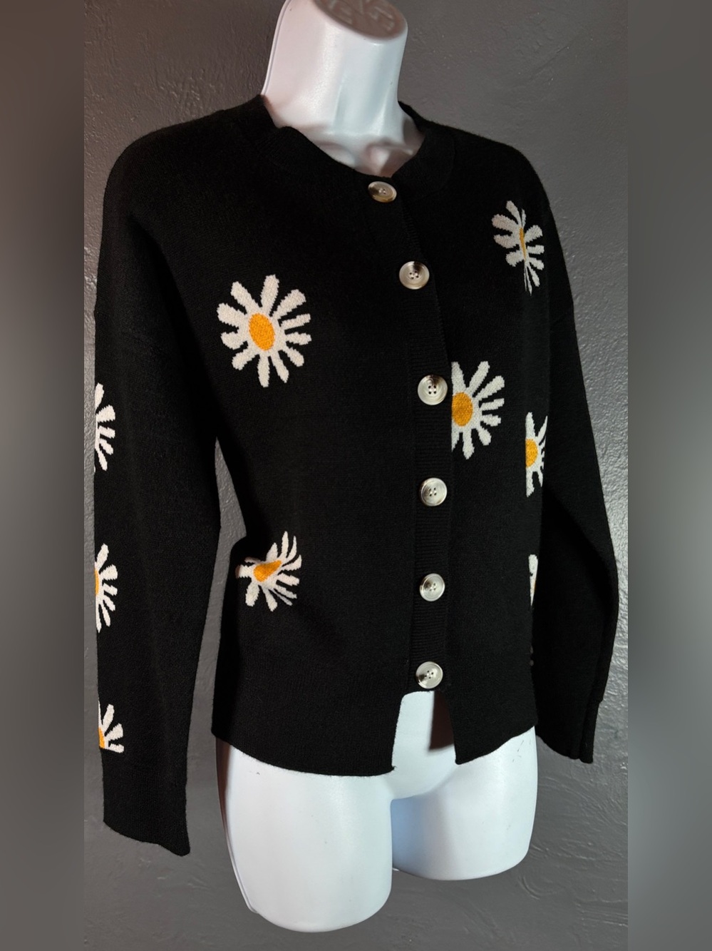 Black Daisy Print Button Down Knit Cardigan Size XL